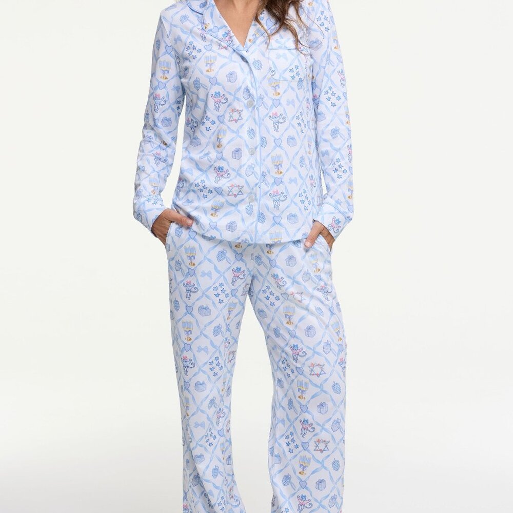 Roller Rabbit Starry Nights Lattice Long Sleeve Polo Pajamas Size SBLUE / S